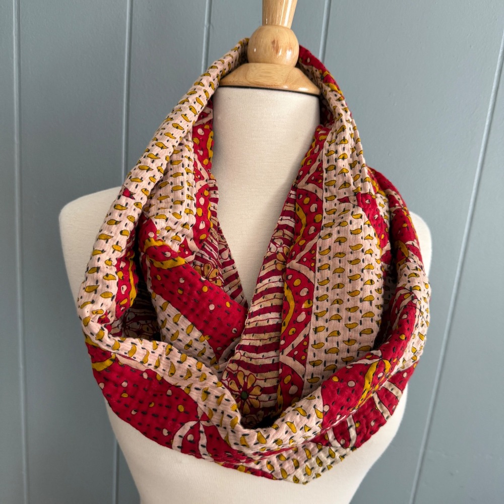 Anchal Project Kantha Quilted Infinity Scarf Red Gold Artisan Handmade Sustainab